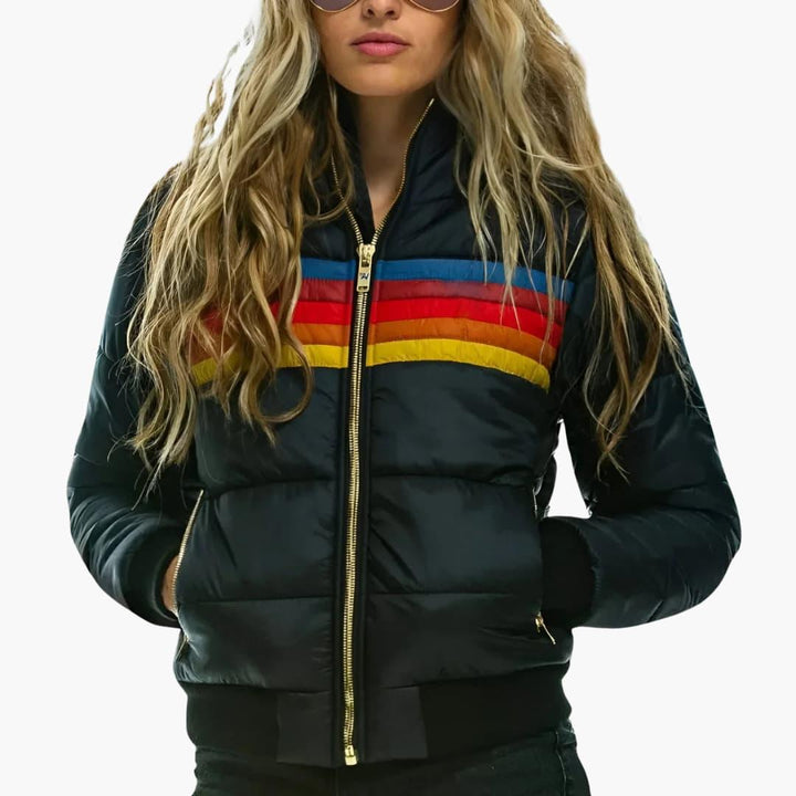 Sporty Striped Puffer Jacket for Women - MayfairMode